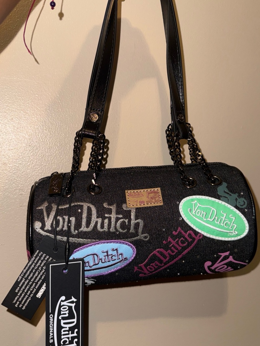 Von Dutch black denim Trucker shoulder bag